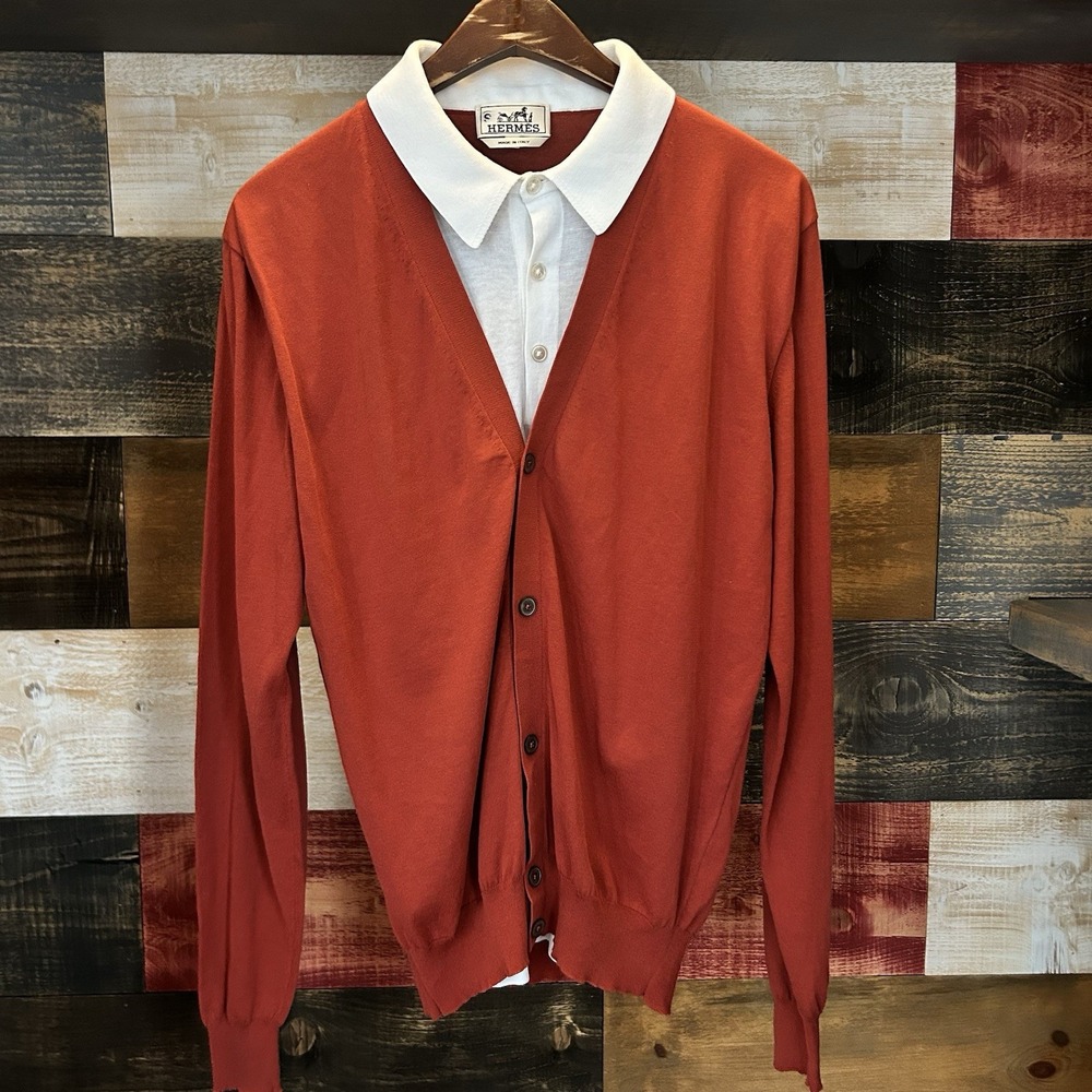 Rare Hermes Cardigan Knit Cotton Hybrid Polo Rust White Medium Men's